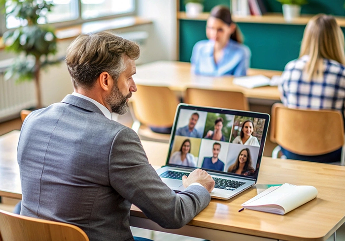 wykładowca rozmawia ze studentami